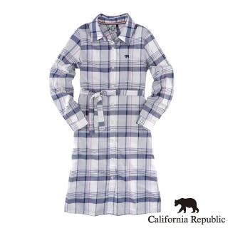 【California Republic】夏日輕薄簡約小熊格紋綁帶襯衫洋裝(女版)