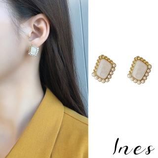 【INES】韓國設計法式優雅幾何方型滴釉寶石珍珠夾式耳環(無耳洞耳環 耳夾 夾式耳環)