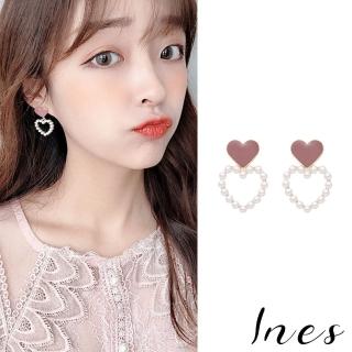 【INES】韓國設計縷空愛心珍珠氣質滴釉夾式耳環(無耳洞耳環 耳夾 夾式耳環)