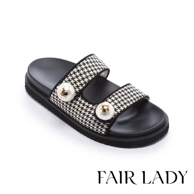 【FAIR LADY】日本京都聯名 HAPPYFACE 時髦拼接珍珠釦厚底拖鞋(千鳥黑、1A2909)