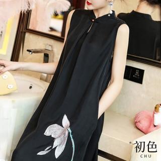 【初色】旗袍式復古寬鬆顯瘦立領無袖素色連身裙洋裝-黑色-33729(M-2XL可選)