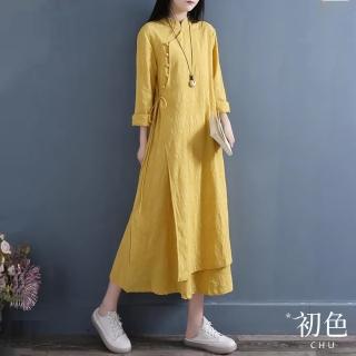 【初色】立領中國風復古雙層寬鬆遮肉長袖連身裙洋裝-共4色-33730(M-2XL可選)