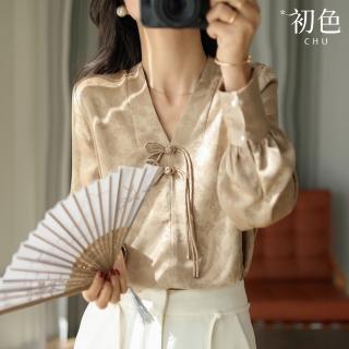 【初色】新中式文藝印花V領燈籠袖九分長袖襯衫上衣女上衣-共2色-33741(M-2XL可選)