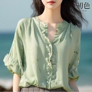 【初色】純色碎花休閒緞面荷葉邊圓領五分袖襯衫女上衣-綠色-33753(M-2XL可選)