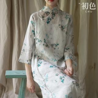 【初色】復古印花新中式立領盤釦五分袖旗袍連衣裙連身洋裝長洋裝-白色-33691(M-2XL可選)