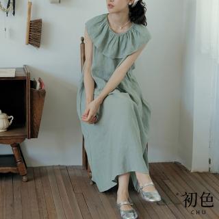 【初色】棉麻風打摺日系荷葉邊無袖連身洋裝連身裙-共2色-33669(M-2XL可選)