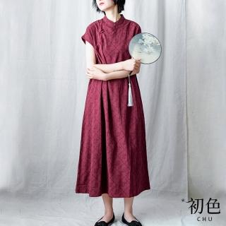 【初色】棉麻風中長款緹花連身洋裝短袖連身裙-共2色-33668(M-2XL可選)
