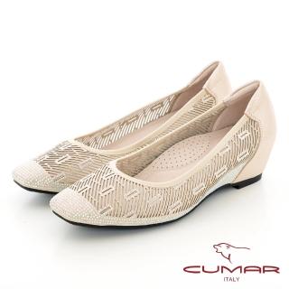 【CUMAR】小方頭鏤空鑽飾內增高跟鞋(金色)