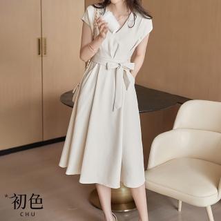【初色】純色V領綁帶收腰顯瘦短袖中長裙連身洋裝連身裙洋裝-米白-33819(M-2XL可選)