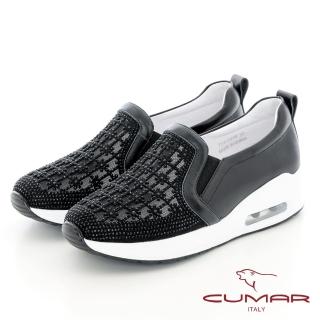 【CUMAR】透膚水鑽厚底台氣墊休閒鞋(黑色)