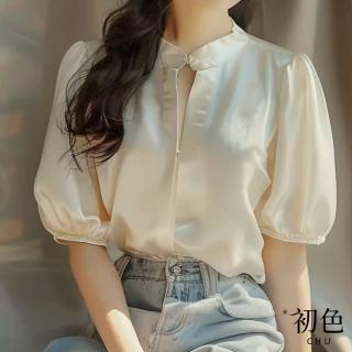 【初色】復古中國風素色寬鬆立領鏤空短袖襯衫上衣-香檳色-33750(M-2XL可選)