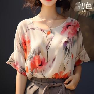 【初色】中國風花卉印花喇叭袖涼爽寬鬆顯瘦圓領短袖T恤上衣女上衣-白色-33807(M-2XL可選)