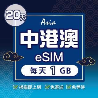 【環亞電訊】eSIM中港澳20天每天1GB(24H自動發貨 中國網卡 大陸 香港 澳門 中國聯通 免翻牆 免換卡 eSIM)
