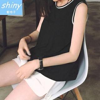 【Shiny 藍格子】原宿風撞色圓領寬鬆無袖背心上衣 V1208 現+預(女裝)