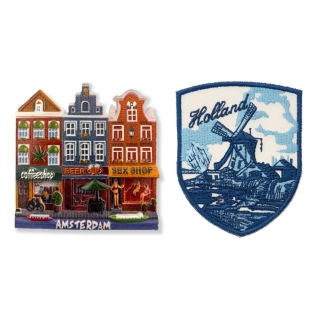 【A-ONE 匯旺】荷蘭 阿姆斯特丹白板磁鐵+風車徽章2件組彩色磁鐵 冰箱磁鐵 白板磁鐵 辦公磁鐵(C93+88)