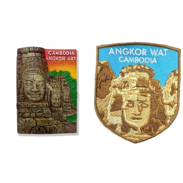 【A-ONE 匯旺】柬埔寨吳哥窟金微笑立體磁鐵+柬埔寨 吳哥窟 布藝徽章2件組外國地標磁鐵(C87+309)