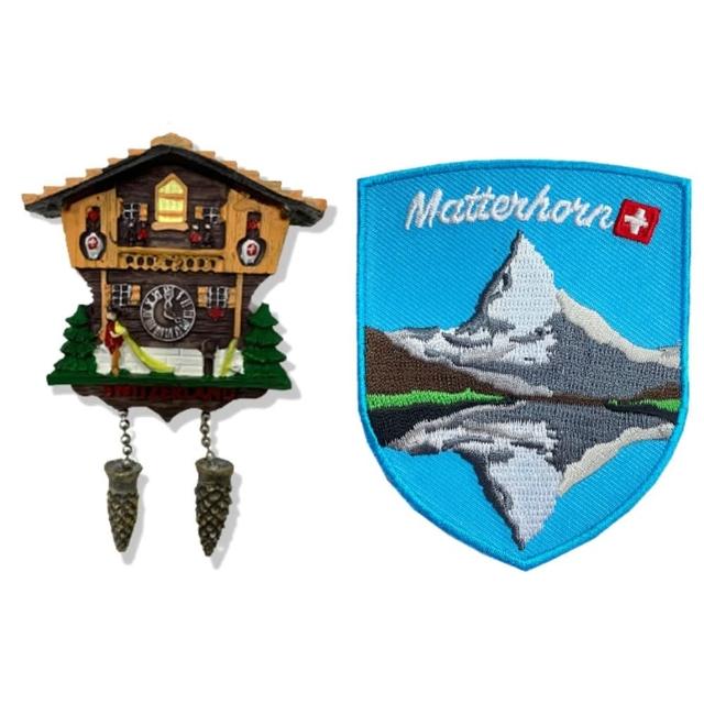 【A-ONE 匯旺】瑞士吹笛咕咕鐘旅遊磁鐵+瑞士 馬特洪峰 湖倒影造型刺繡裝飾貼2件組 fb打卡地標(C61+192)
