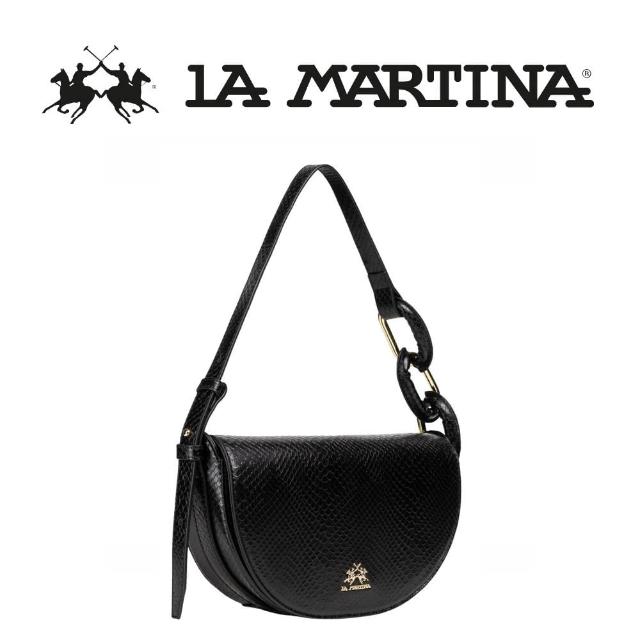 【LA MARTINA】義大利原裝進口 頂級蟒蛇紋金標皮革肩背包 1248T(黑色)