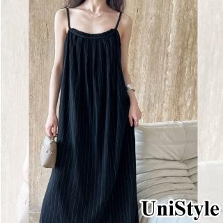 【UniStyle】亞麻吊帶長裙 韓版肌理感條紋慵懶風洋裝 女 UV7076(經典黑)