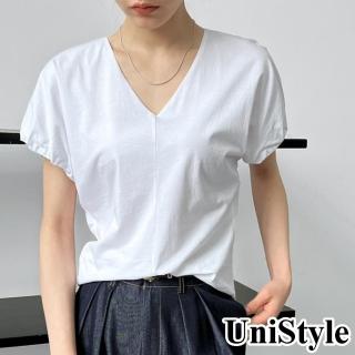 【UniStyle】V領短袖T恤 韓版簡約花苞袖設計感薄款上衣 女 UV2539(白)