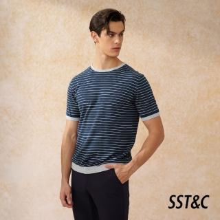 【SST&C 新品上市】深藍底橫條紋棉麻短袖針織衫1112403001