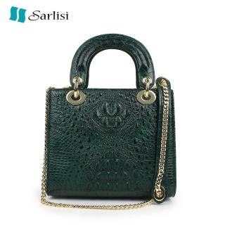 【Sarlisi】泰國進口正品真皮鏈帶包鱷魚皮女包新款斜背小香風戴妃包手提包(墨綠色、黑色)
