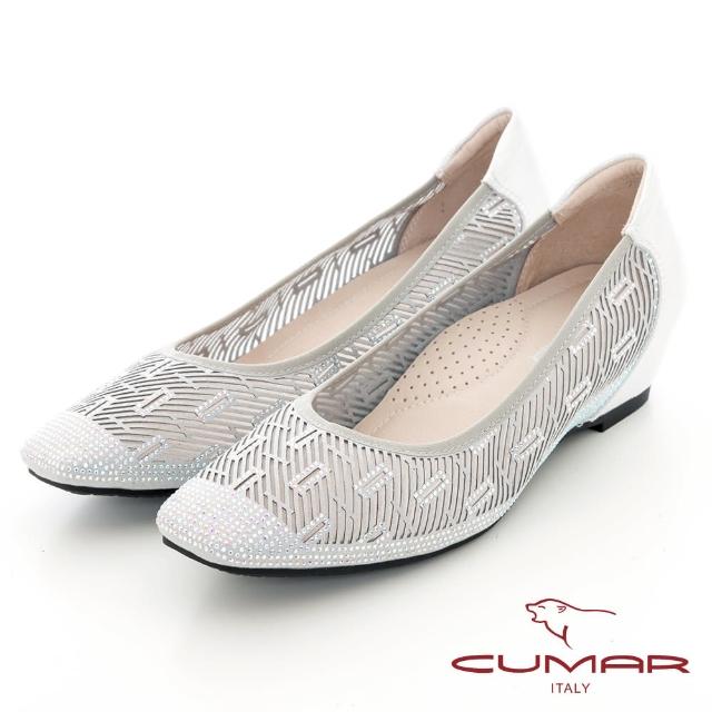 【CUMAR】小方頭鏤空鑽飾內增高跟鞋(銀色)