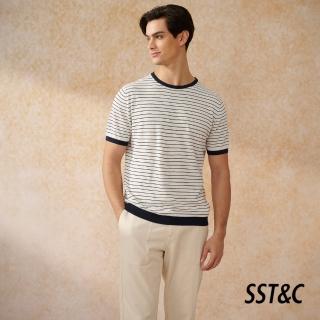 【SST&C 新品上市】白底橫條紋棉麻短袖針織衫1112403002