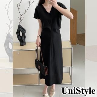 【UniStyle】棉麻短袖洋裝 韓版V領押有顯瘦簡約連身裙 女 WT2515(黑)