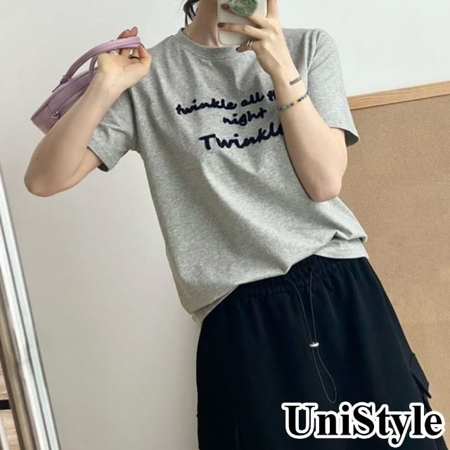 【UniStyle】撞色短袖T恤 韓版字母刺繡 女 UP1626(花灰)