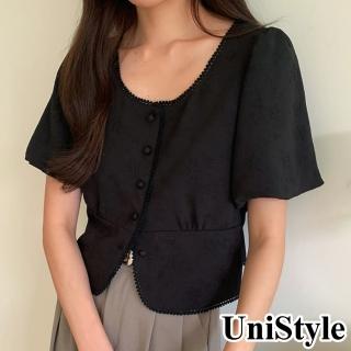 【UniStyle】緹花短袖襯衫 韓版復古風上衣 女 EAX1341F(經典黑)