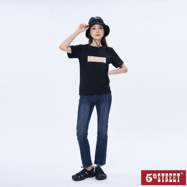 【5th STREET】女裝立體花朵logo印花設計短袖T恤-黑色(山形系列)