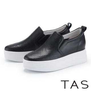 【TAS】真皮沖孔燙鑽厚底休閒鞋(黑色)