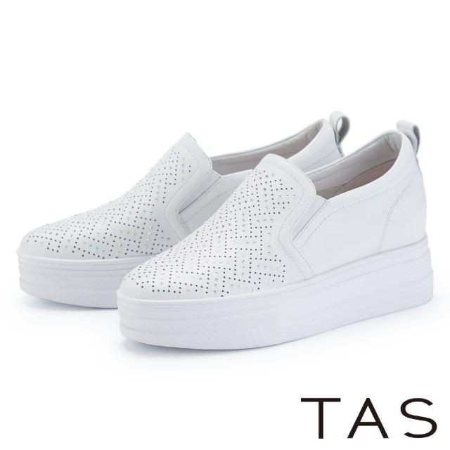 【TAS】真皮沖孔燙鑽厚底休閒鞋(白色)
