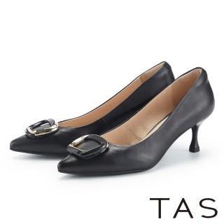 【TAS】都會摩登尖頭方釦羊皮高跟鞋(黑色)