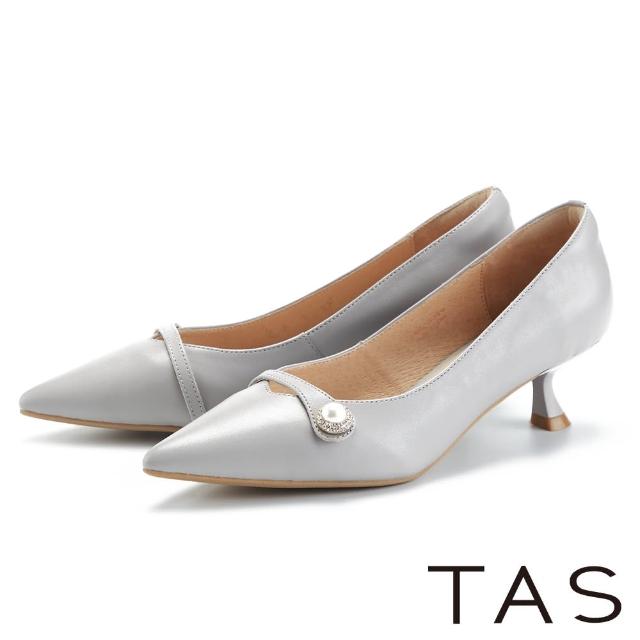 【TAS】精緻珍珠鑽飾羊皮尖頭中跟鞋(灰藍)