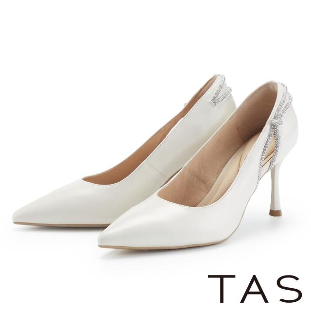 【TAS】精緻水鑽飾條羊皮尖頭高跟鞋(米色)