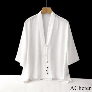 【ACheter】國風緹花復古開衫新中式寬鬆中袖短版外套#121391(白/黑)