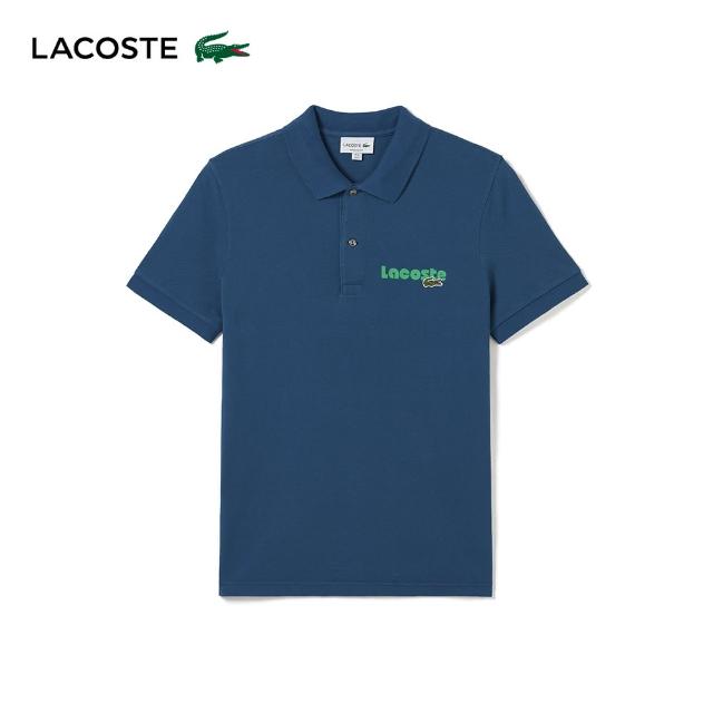 【LACOSTE】男裝-印花LOGO棉質網眼布短袖Polo衫(藍色)