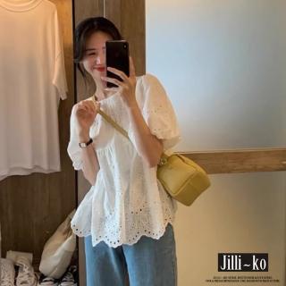 【JILLI-KO】日系蕾絲鏤空設計感花邊短袖上衣-F(白)