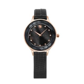 【SWAROVSKI 施華洛世奇】Octea Nova系列 黑色款 玫瑰金框 外圈水晶 壓紋皮革錶帶 優雅手錶 女錶(5650033)