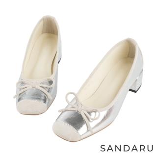 【SANDARU 山打努】跟鞋 方頭蝶結異材質拼接中跟粗跟鞋(銀)