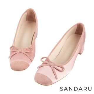【SANDARU 山打努】跟鞋 方頭蝶結異材質拼接中跟粗跟鞋(粉)