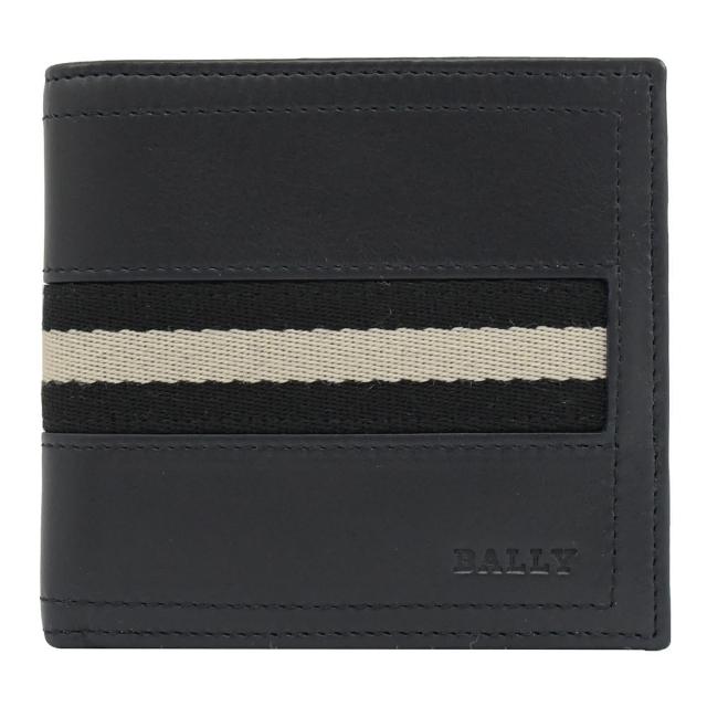 【BALLY】TOLLEN 經典LOGO品牌黑白織帶小牛皮雙層8卡短夾(深藍)