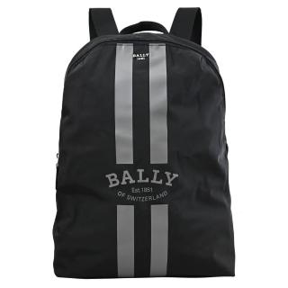 【BALLY】經典LOGO雙色條紋摺疊尼龍附大萬用袋旅用包後背包禮盒組(黑)