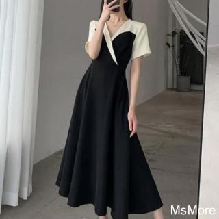 【MsMore】大碼法式復古赫本風連身裙氣質女神范A字長版洋裝#121222(黑)