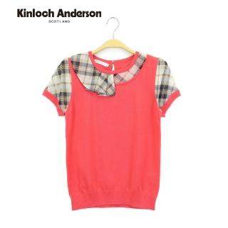 【Kinloch Anderson】雪紡格紋拼接針織短袖上衣 金安德森女裝(KA0455901 黑/橘紅)