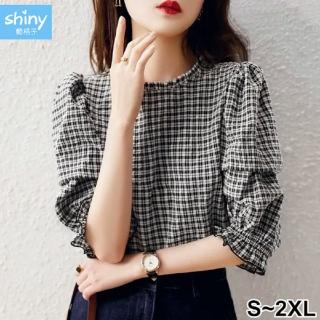 【Shiny 藍格子】韓系時尚顯瘦黑白格紋五分袖上衣 V3726 現+預(女裝)