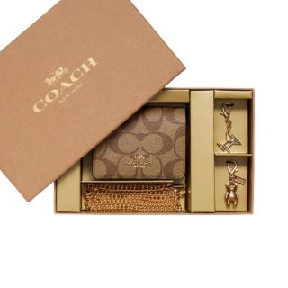 【COACH】品牌 LOGO 皮革鏈帶迷你錢包/卡包 附 2 個吊飾(卡其色)