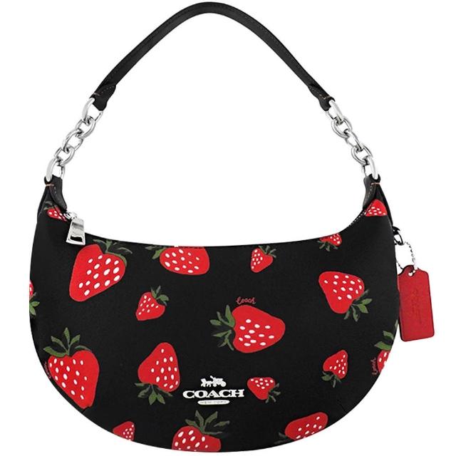 【COACH】草莓圖樣PVC彎月手提/肩背包-黑色(買就送璀璨水晶觸控筆)